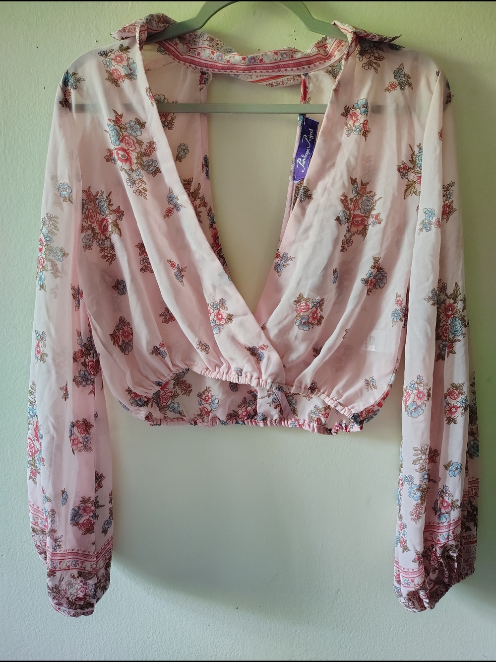 Womens Pink Deep V Neck Blouse Top Medium Floral Boho Collared Sheer Flowy Girly
